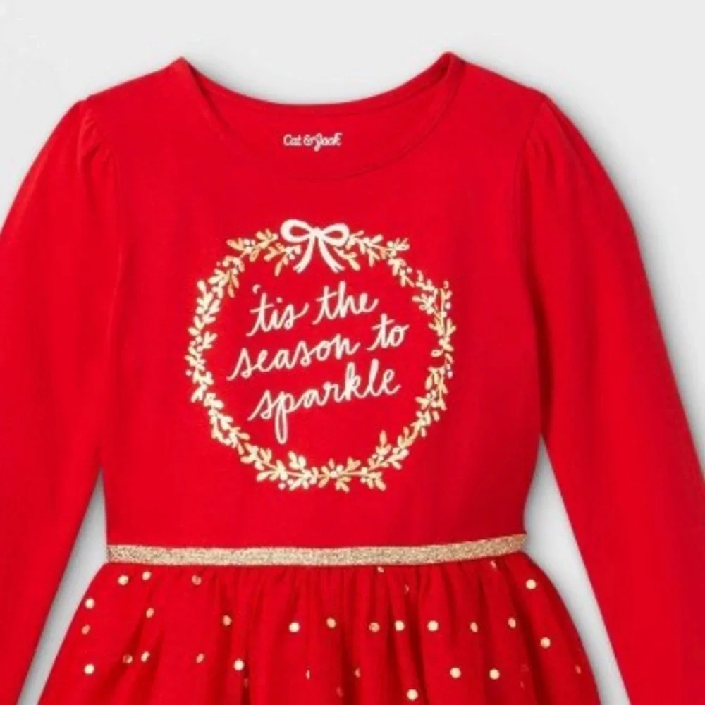 NWT “tis the season to sparkle” red gold Christmas dress girl Sz large 10/12
